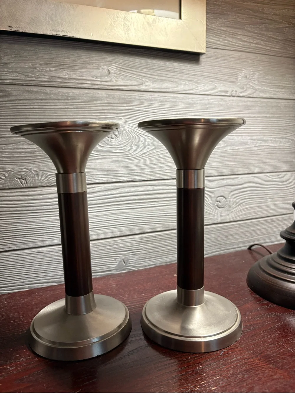 Modern Metal & Dark Wood Candlestick Pair 8”tall